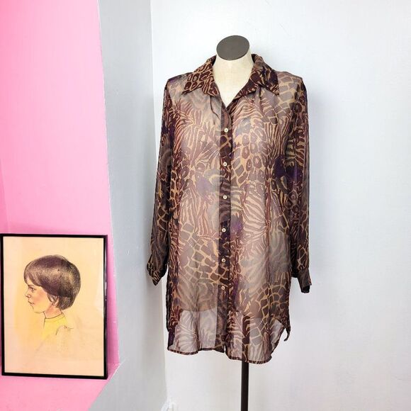 Vintage 90s Brown Animal Print Sheer Tunic Blouse - Picture 1 of 8